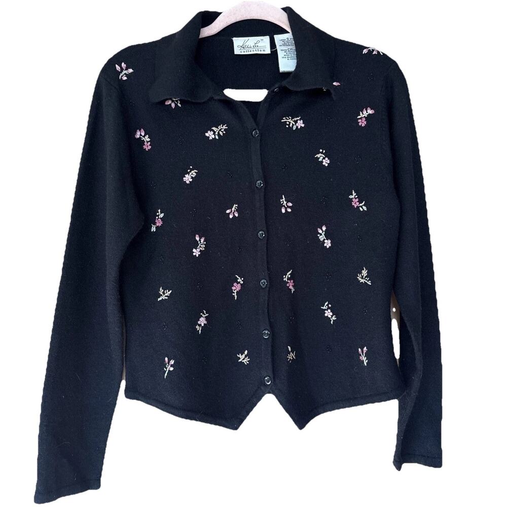 VTG Kathie Lee Black Embroidered Cardigan Sweater Sz S Cottagecore Grandmacore
